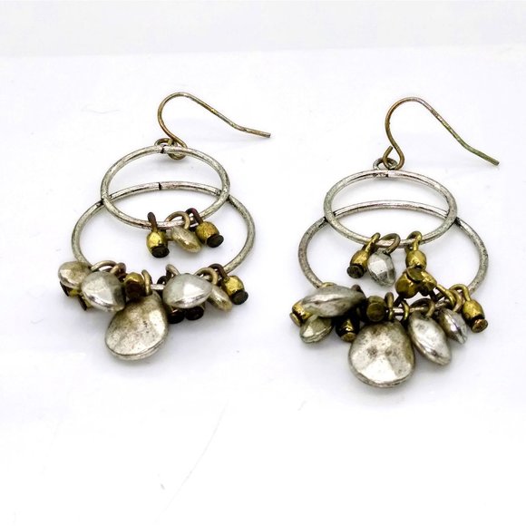 Vintage Double Hoop Drop Earrings with Silver Tone Hammered Dangles and Fun Move - Picture 5 of 5